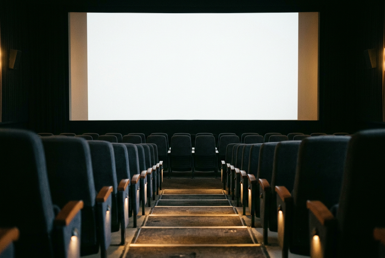 An empty premium movie auditorium viewed from a rear-center seat, facing a wide blank screen.