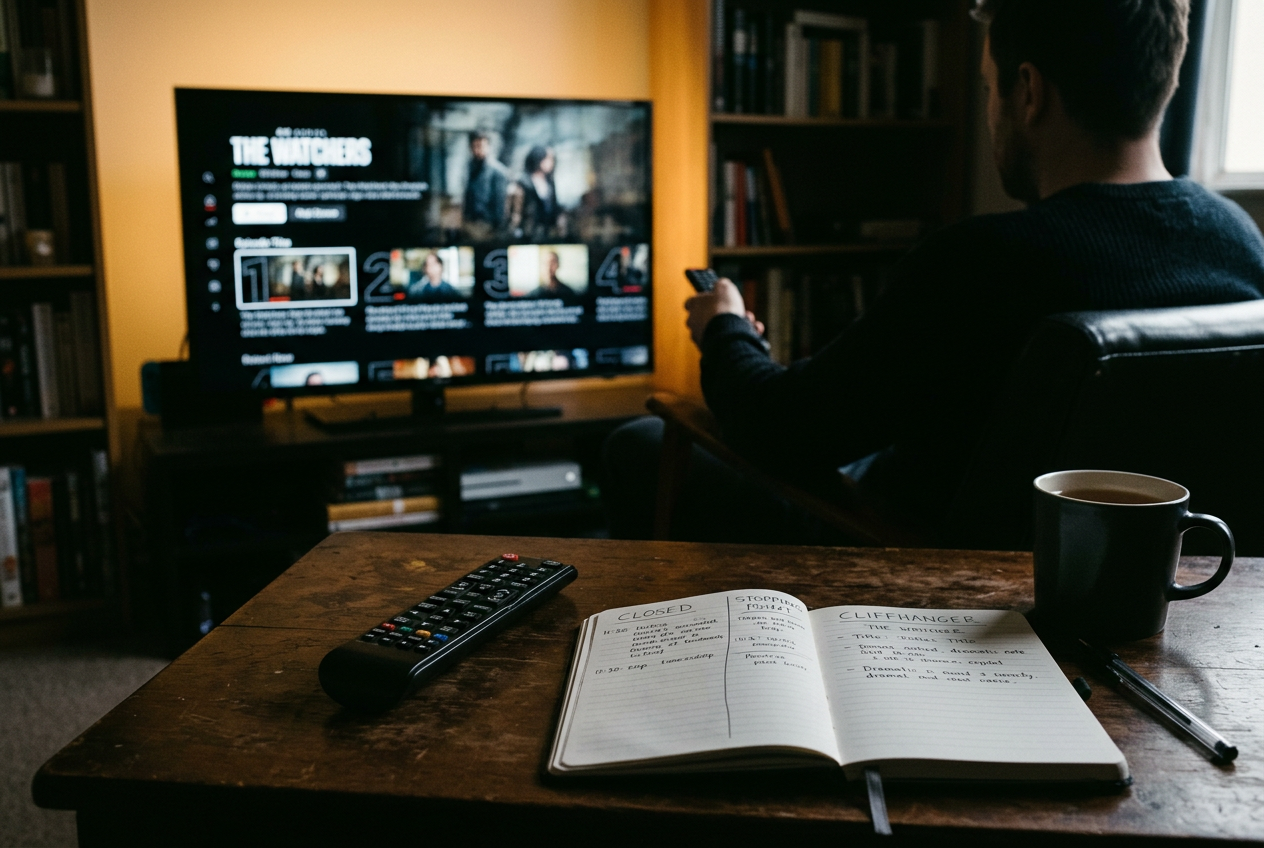 A TV displaying a complete-season menu beside a remote and a notebook marked renewed, ended and canceled.