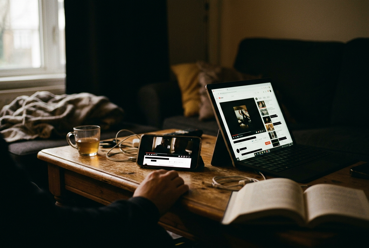 A phone displaying a concept trailer beside a laptop open to an official studio video channel.