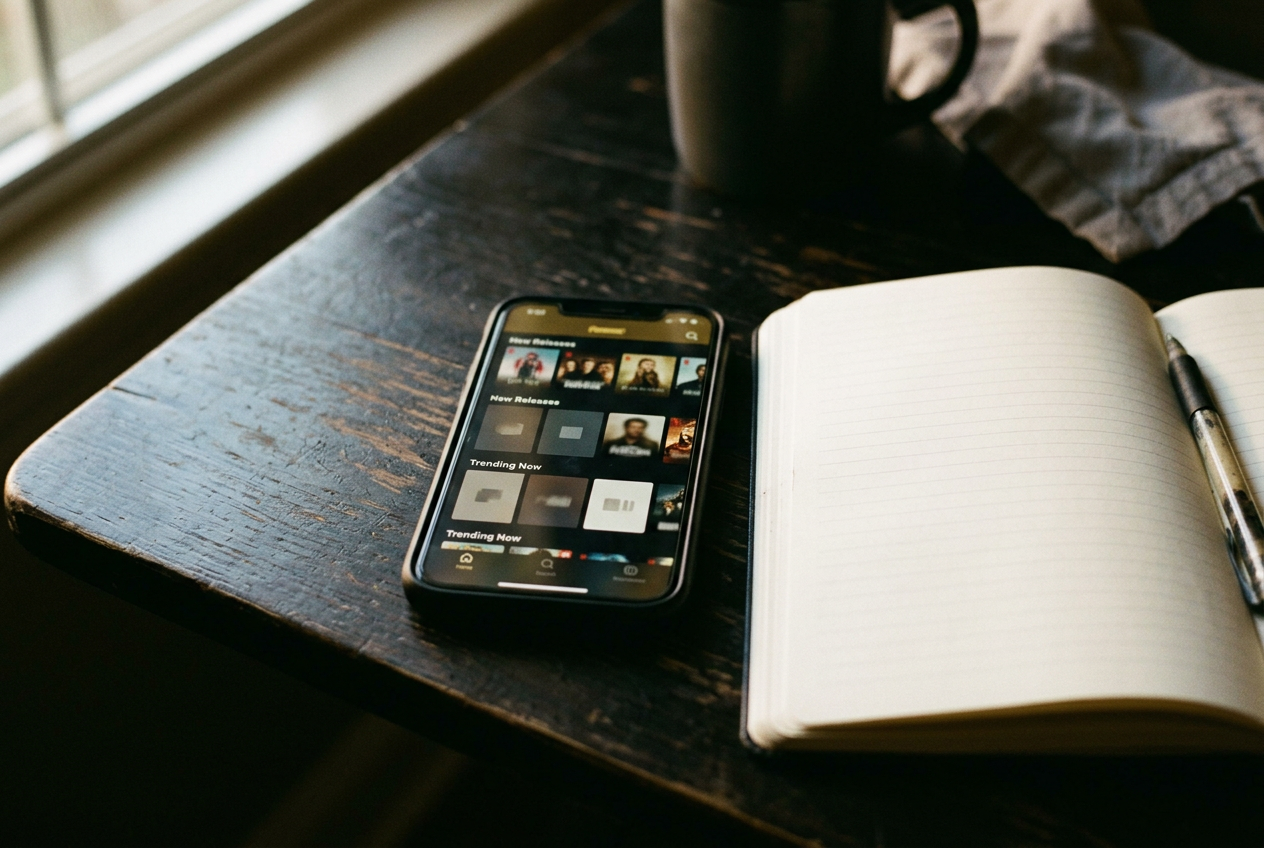 A phone displaying the GalateaTV home screen beside a notebook prepared for an episode-by-episode viewing log.