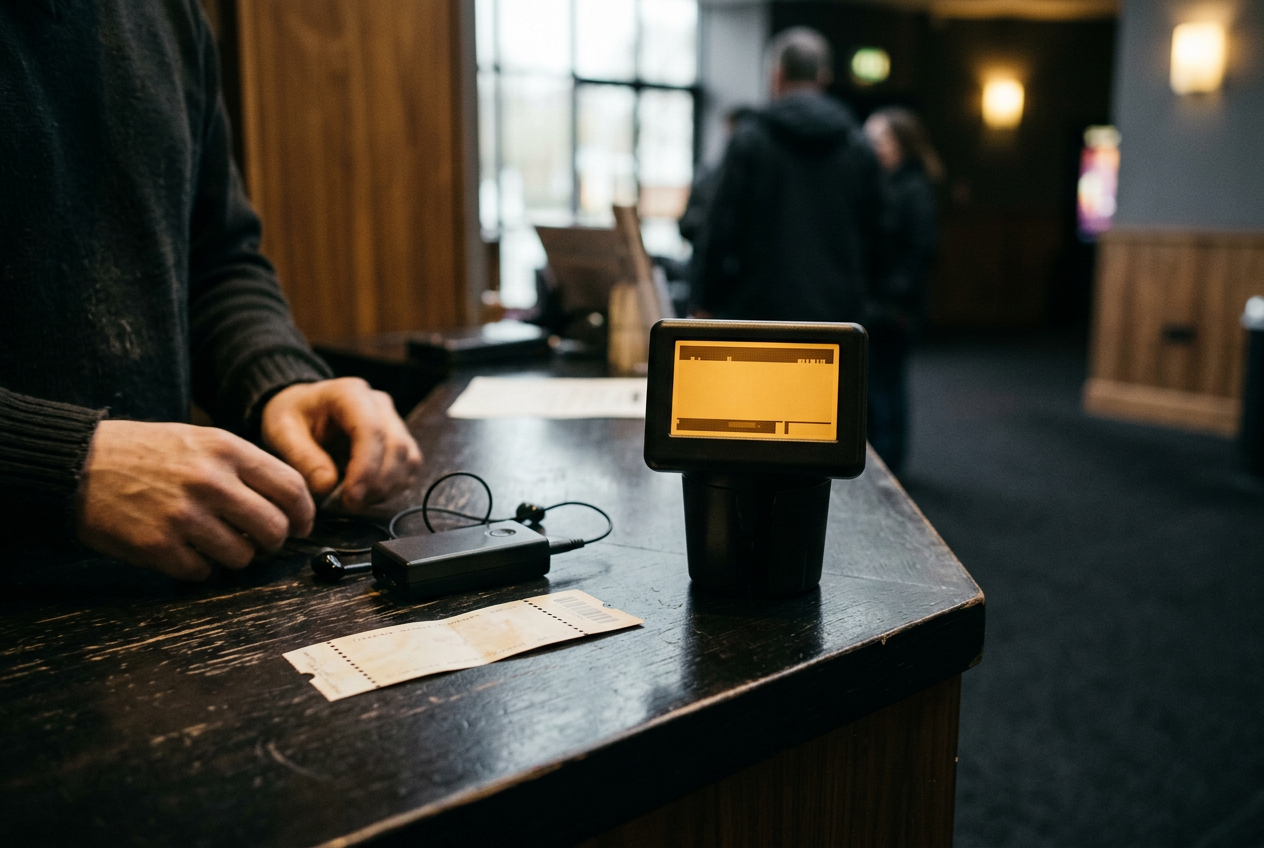 A cup-holder caption display and assistive-listening receiver resting on a cinema guest-services counter.