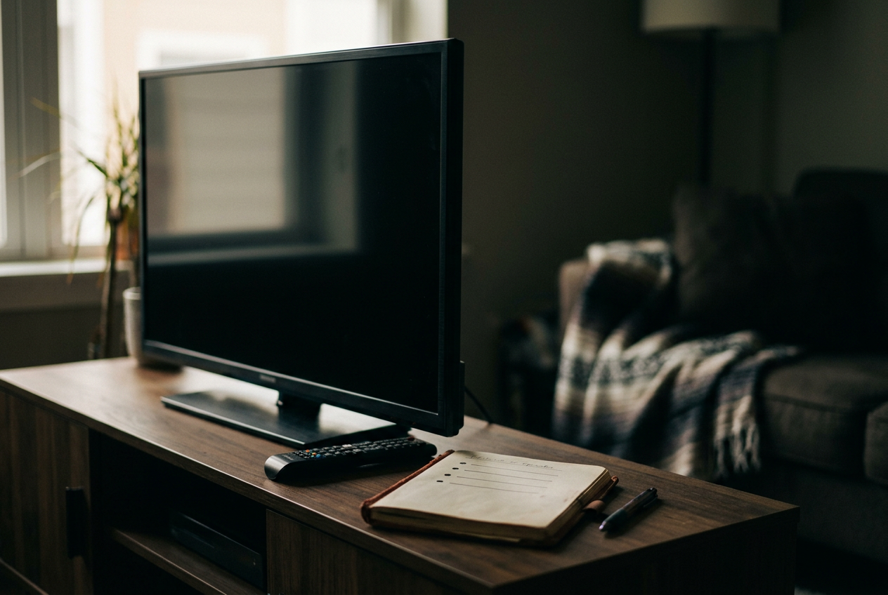 A television paused on the Stranger Things episode menu beside a remote and notebook.