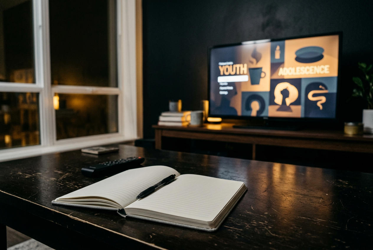 A television showing the Adolescence episode menu beside a remote and a notebook on a living-room table.