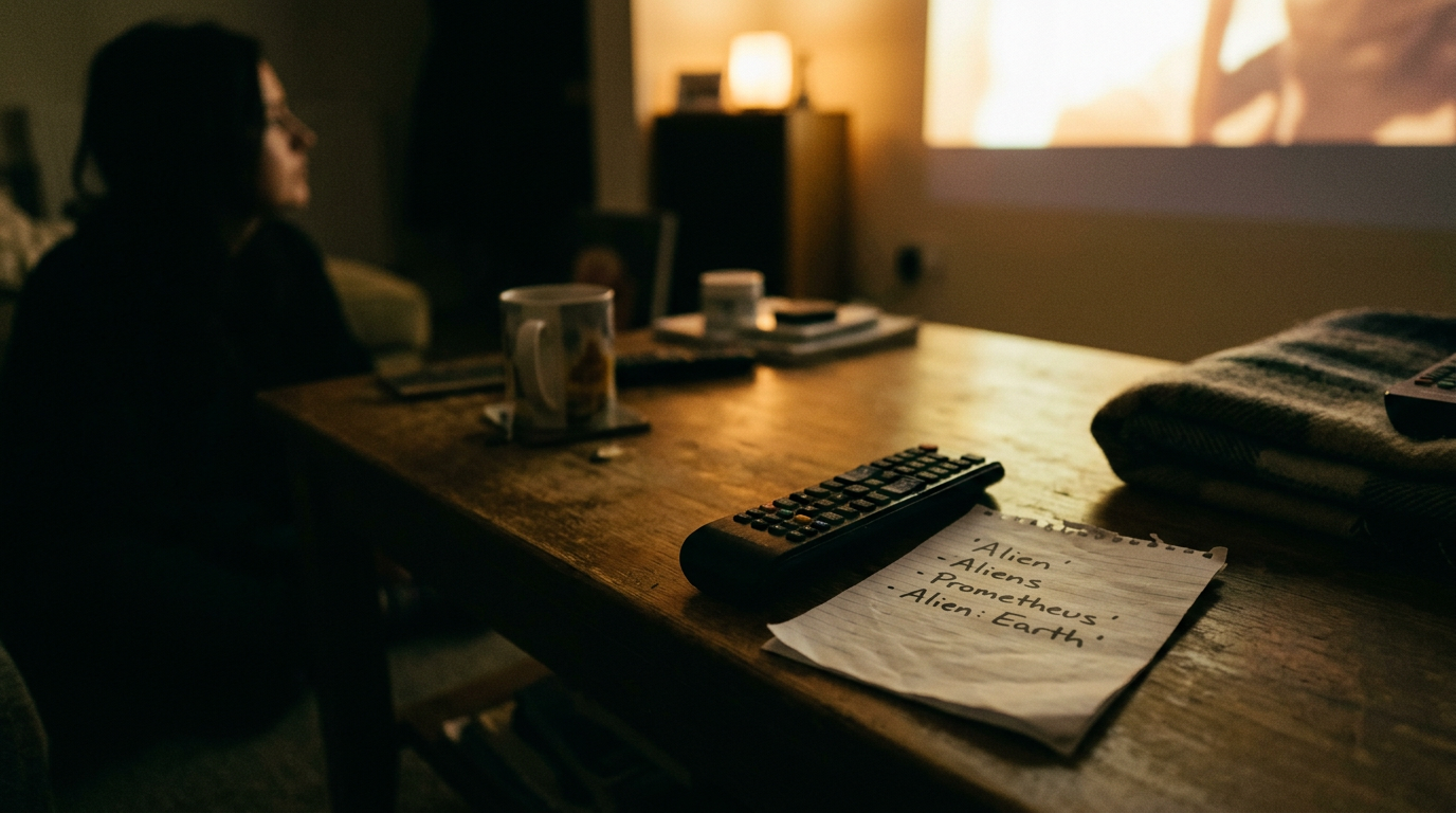 A television remote beside a notebook listing Alien, Aliens, Prometheus and Alien: Earth in viewing order.
