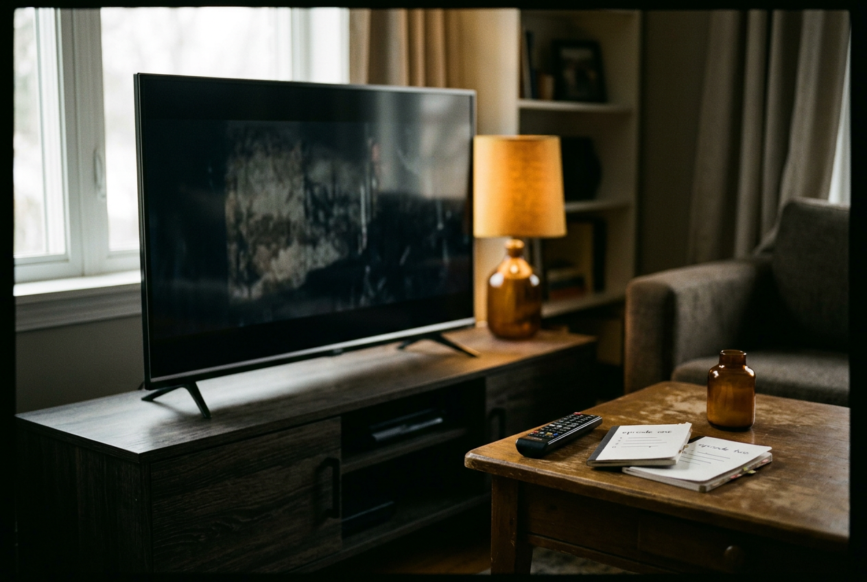 A television paused between two streaming episodes, with a remote and handwritten viewing notes on a coffee table.