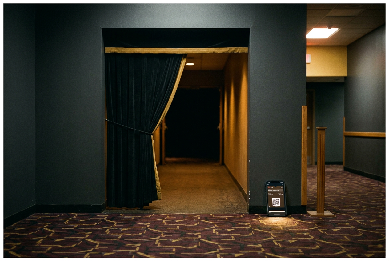 An AMC auditorium entrance beside a phone displaying a 7:00 p.m. ticket time.