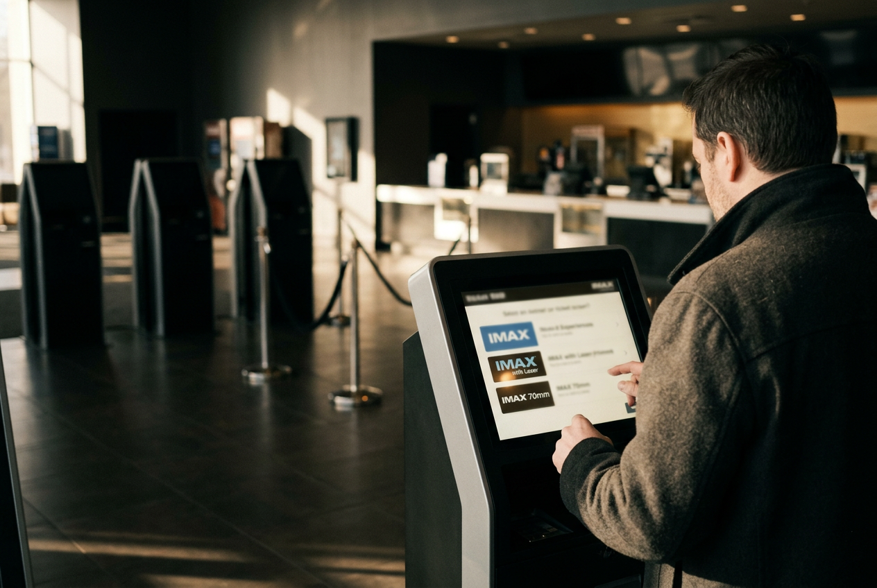 A cinema showtime board listing IMAX, IMAX with Laser and IMAX 70mm screenings beside a ticket kiosk.