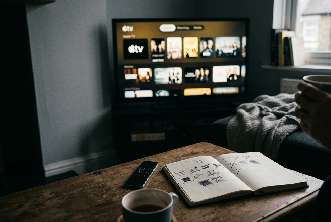 A television showing the Apple TV app beside a remote and a one-month viewing calendar.