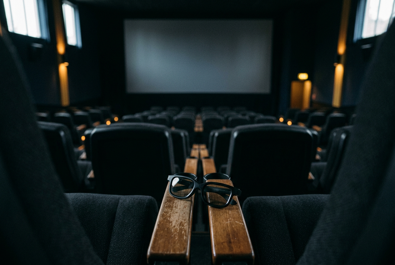 A cinema seat map beside 3D glasses and a ticket showing a premium-format auditorium.