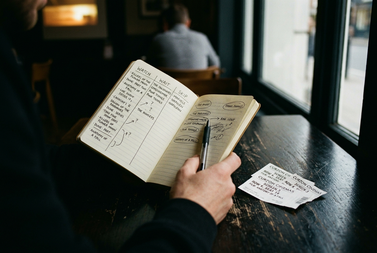 A notebook beside cinema tickets, with Marvel catch-up titles divided into watch, wait and skip columns.