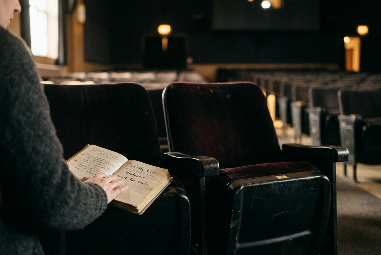 An empty cinema seat beside a notebook marked Infinity War, Endgame and wait for trailer.