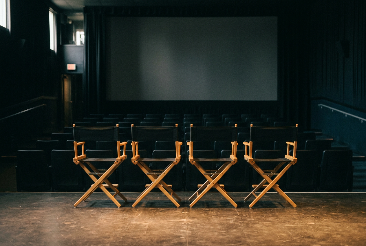 Rows of empty director’s chairs in a movie theater, each marked with a superhero character name.