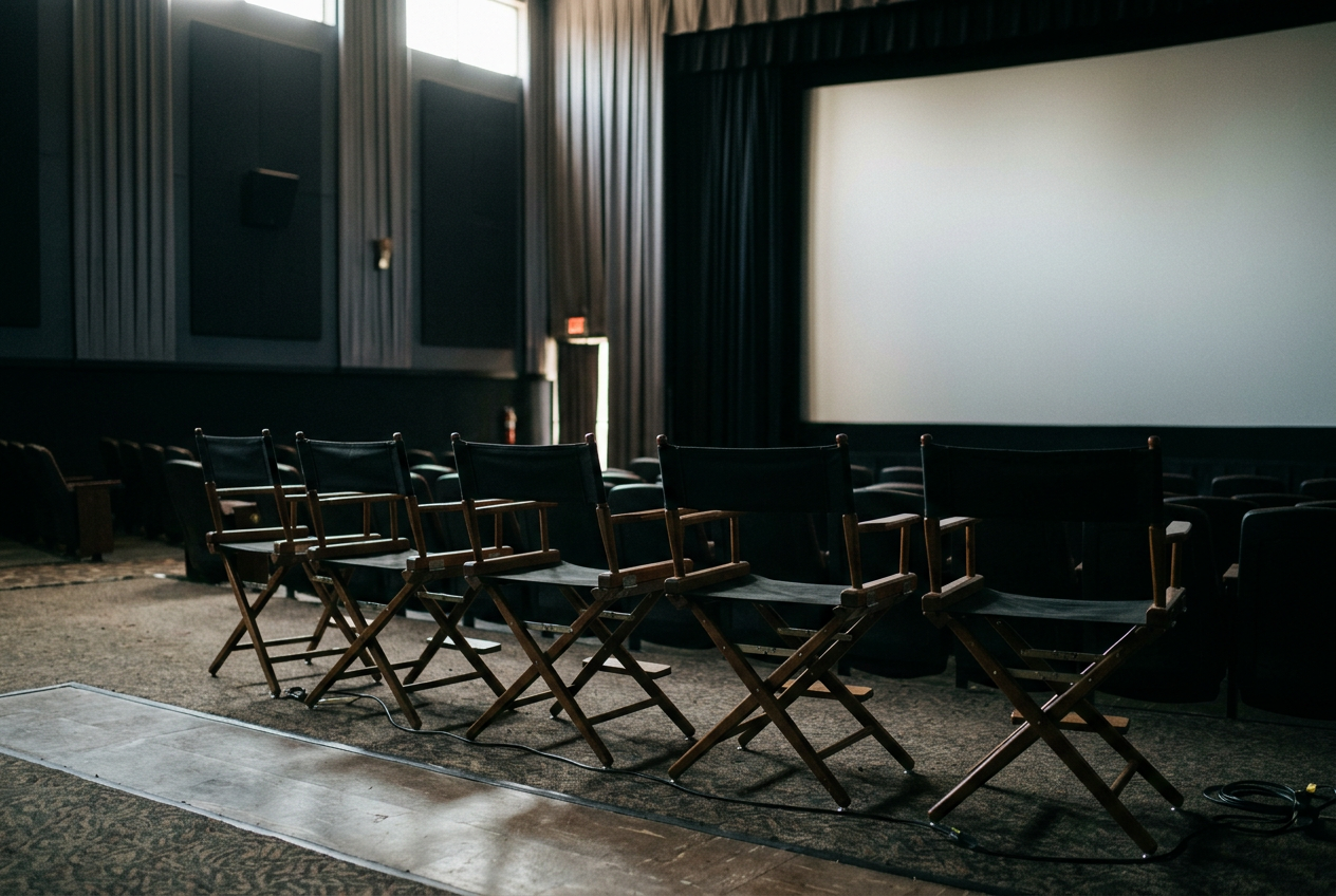 A row of empty director’s chairs beneath a cinema screen, echoing Marvel’s staged Doomsday cast announcement.