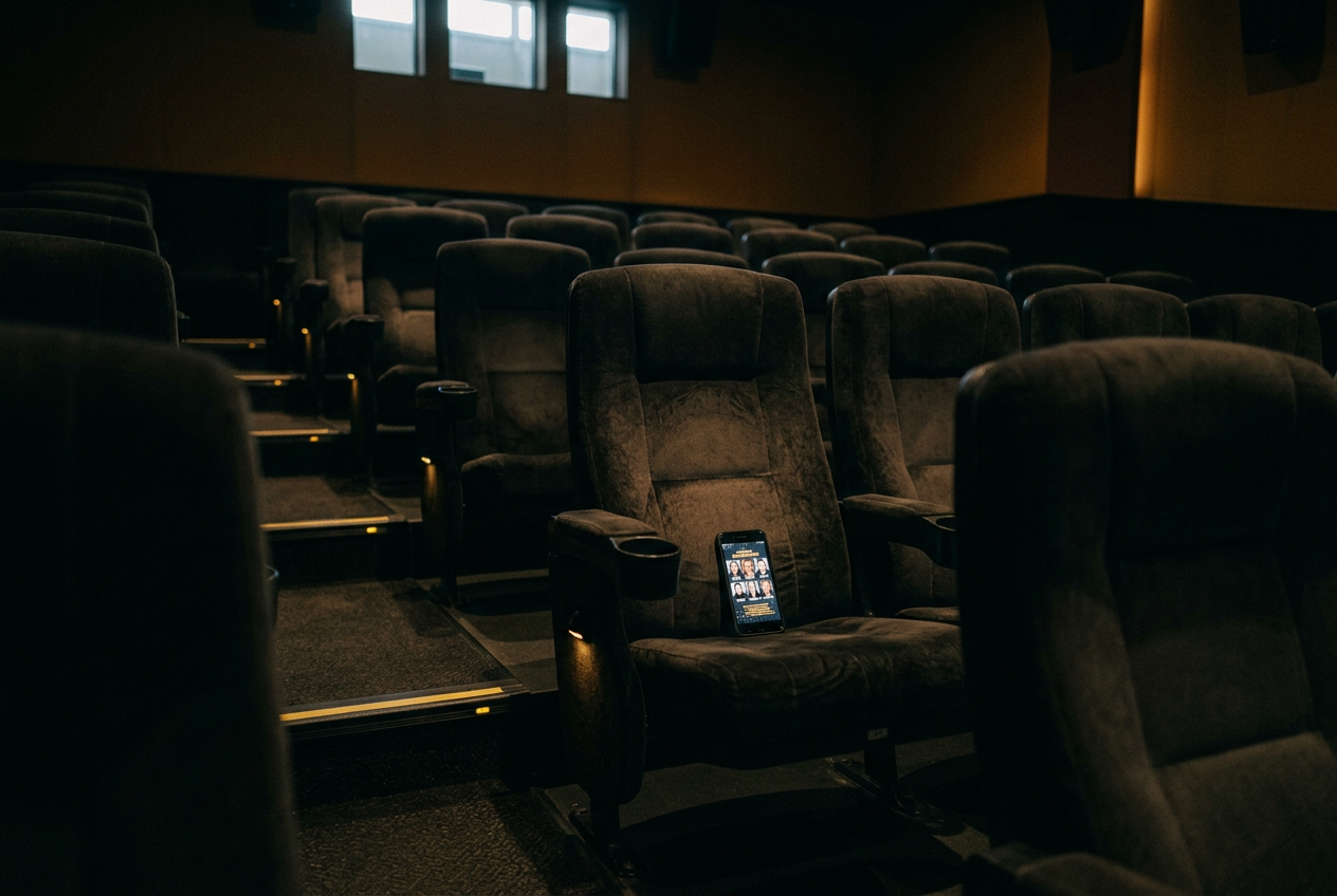 Empty theater seats beside a phone displaying Marvel’s official Avengers: Doomsday cast announcement.