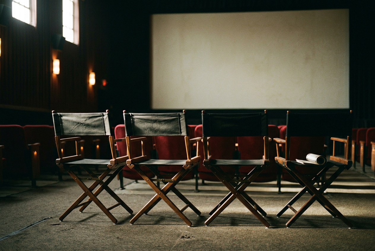 A row of empty director’s chairs arranged beneath a cinema screen before a blockbuster cast presentation.