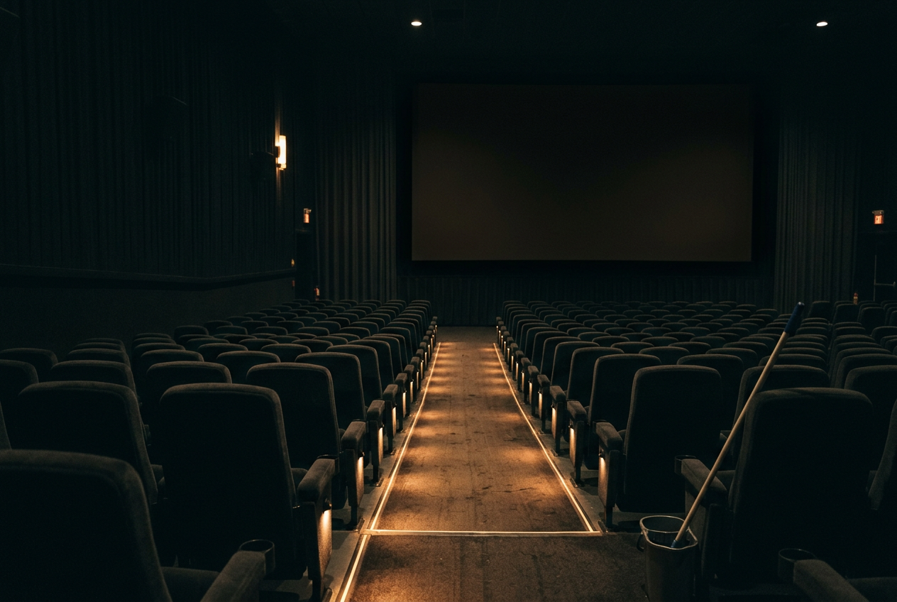 An empty movie auditorium with the screen dark while viewers would normally wait through the credits.
