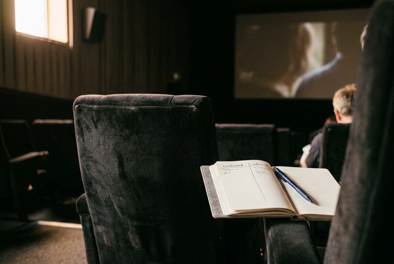 An empty theater seat beside a notebook divided into confirmed and inferred Marvel viewing.