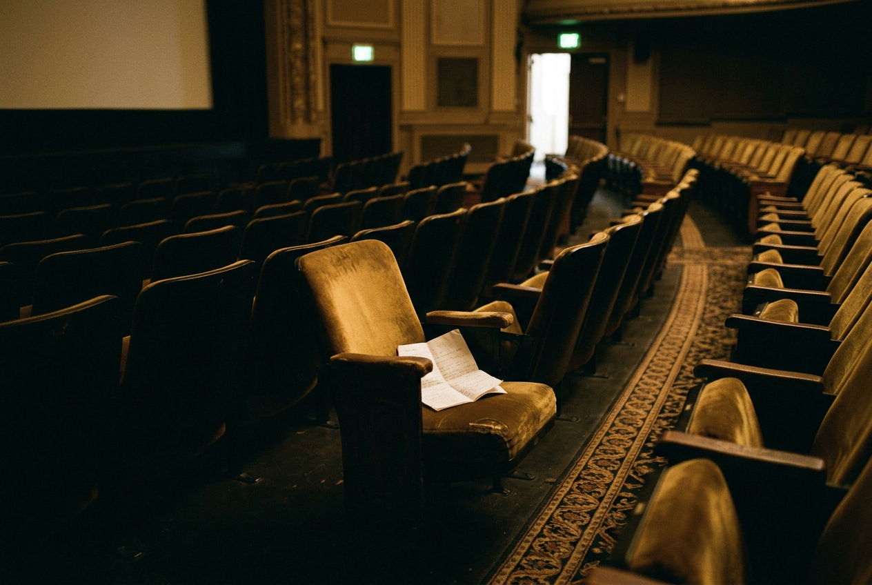 An MCU watchlist folded on a seat inside an otherwise empty cinema auditorium.