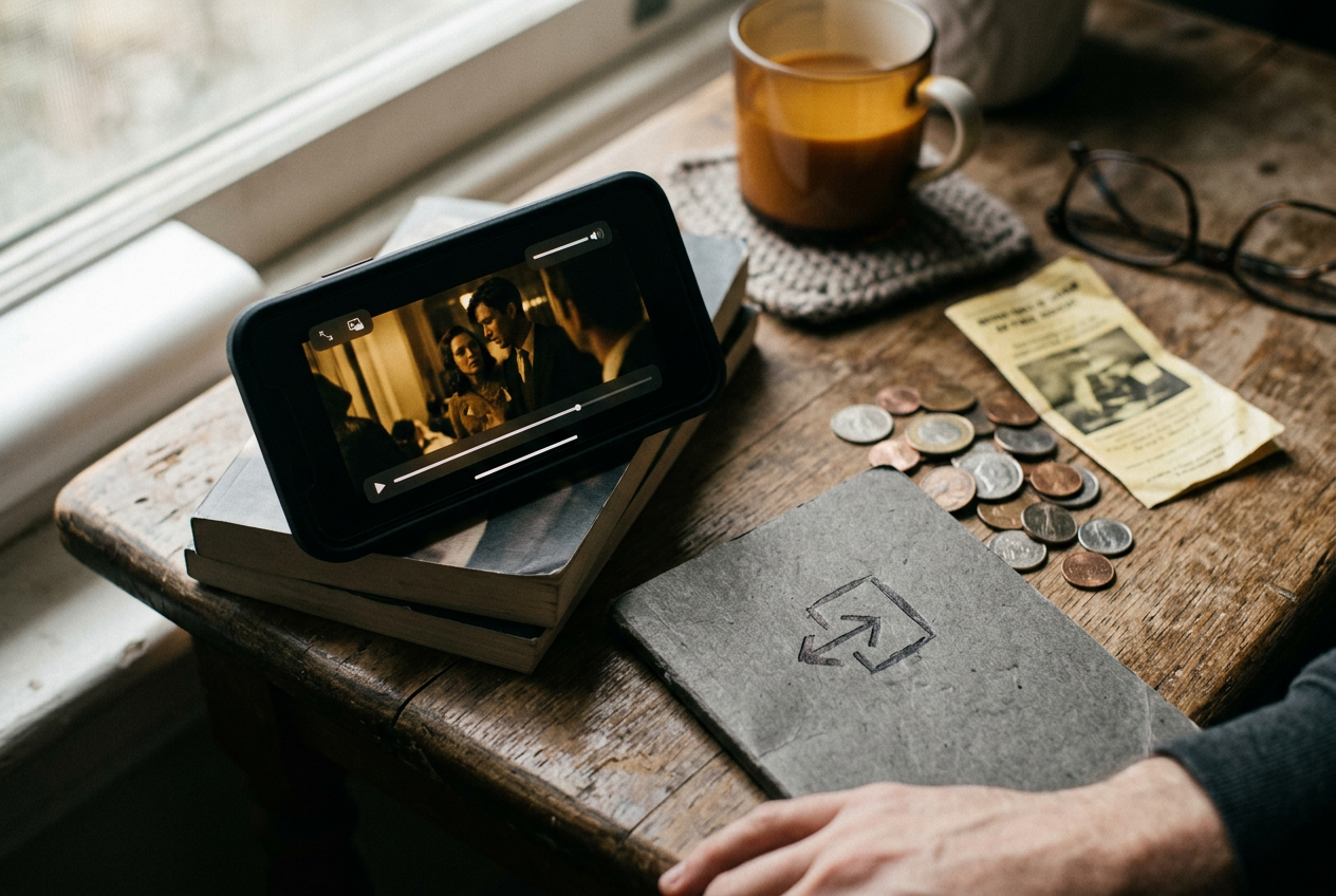 A phone showing a locked ReelShort episode beside notes marking pass, coin and advertisement access.