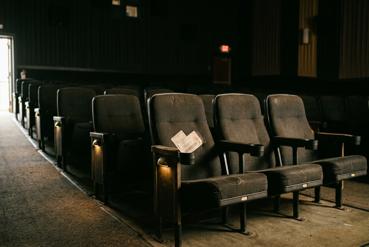 An empty cinema auditorium with four seats together and a paper ticket resting on the center armrest.