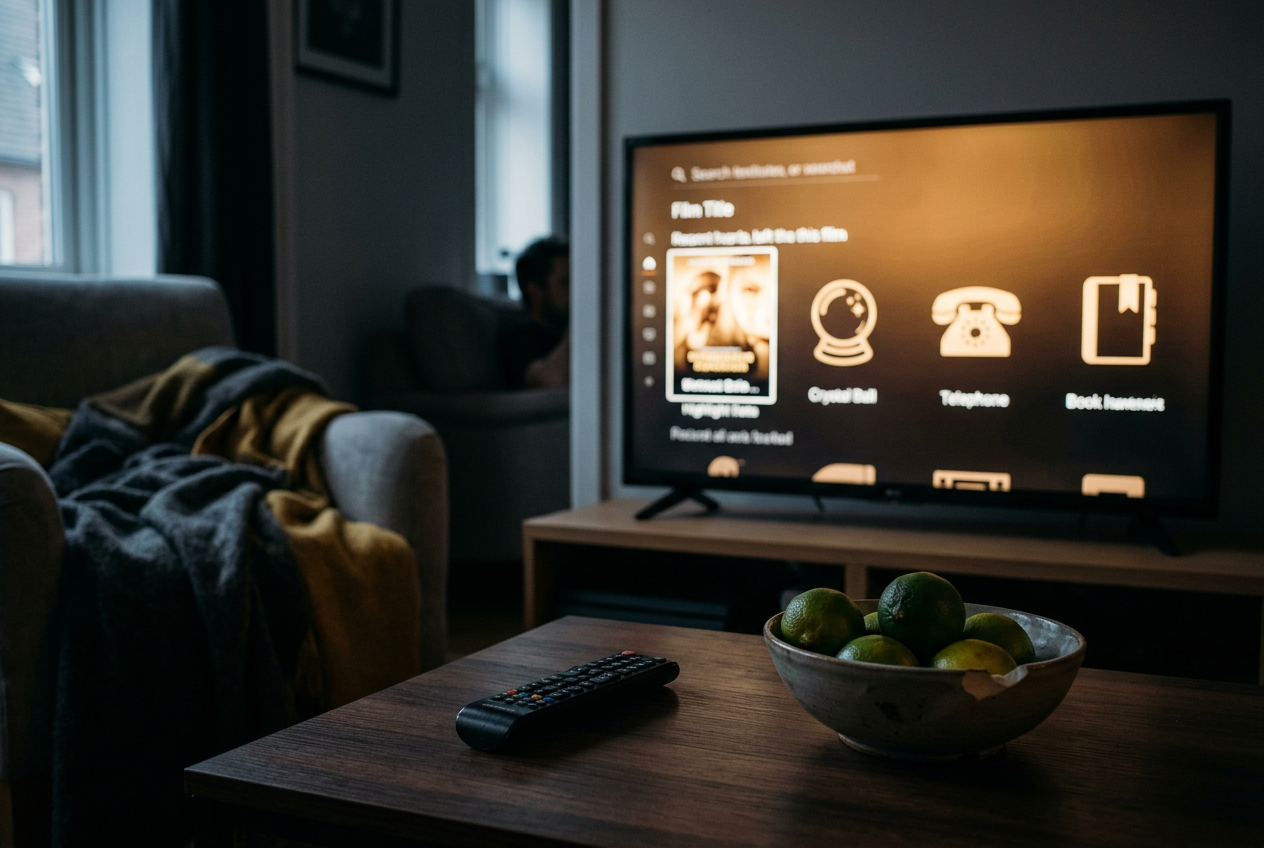 A television search screen for Practical Magic beside a remote, a bowl of limes and two empty glasses.
