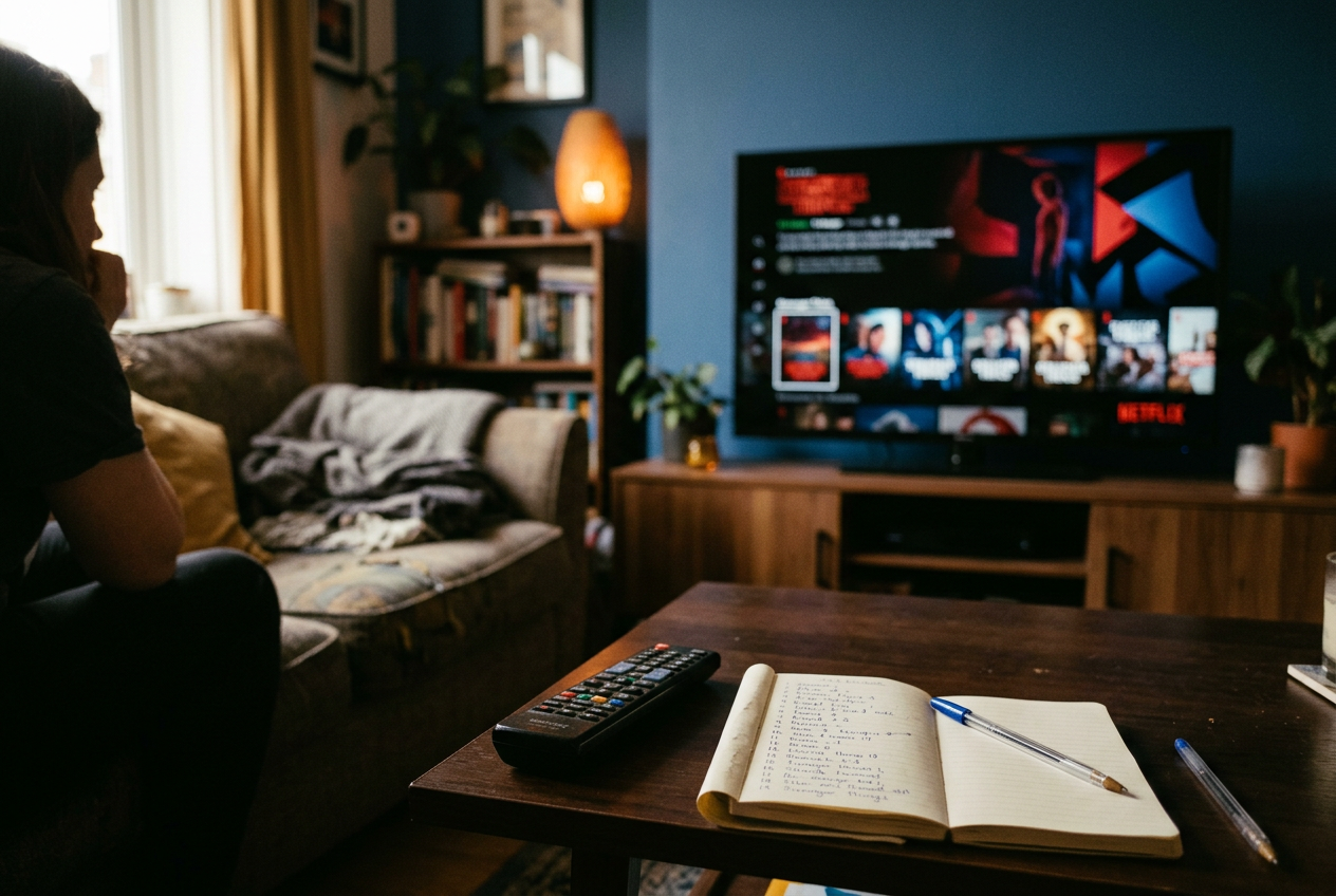 A television paused on the Stranger Things episode menu beside a remote and notebook.