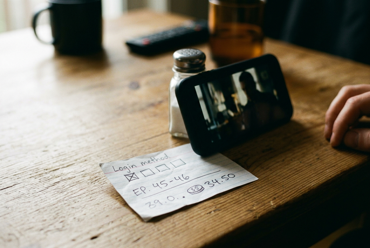 A phone showing a vertical drama account page beside handwritten episode and coin notes.