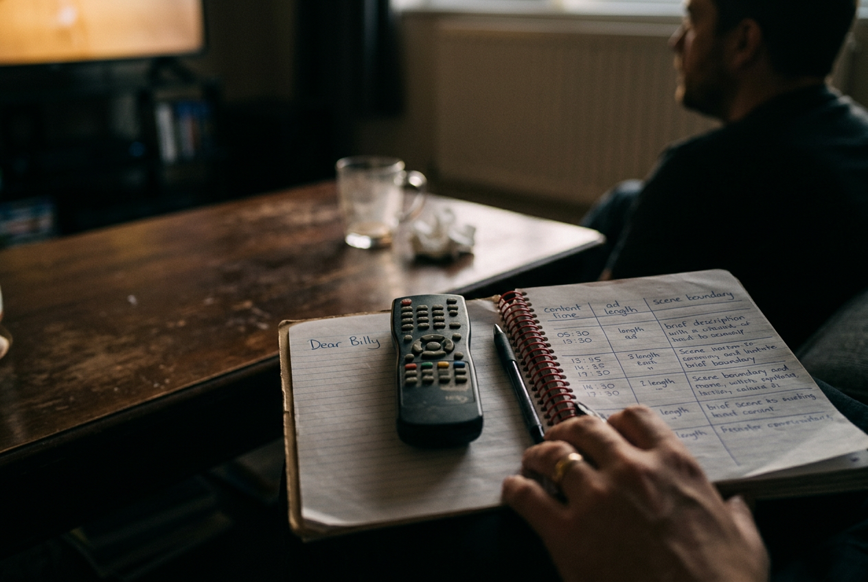 A television showing Netflix search beside a notebook used to log title access and ad breaks.