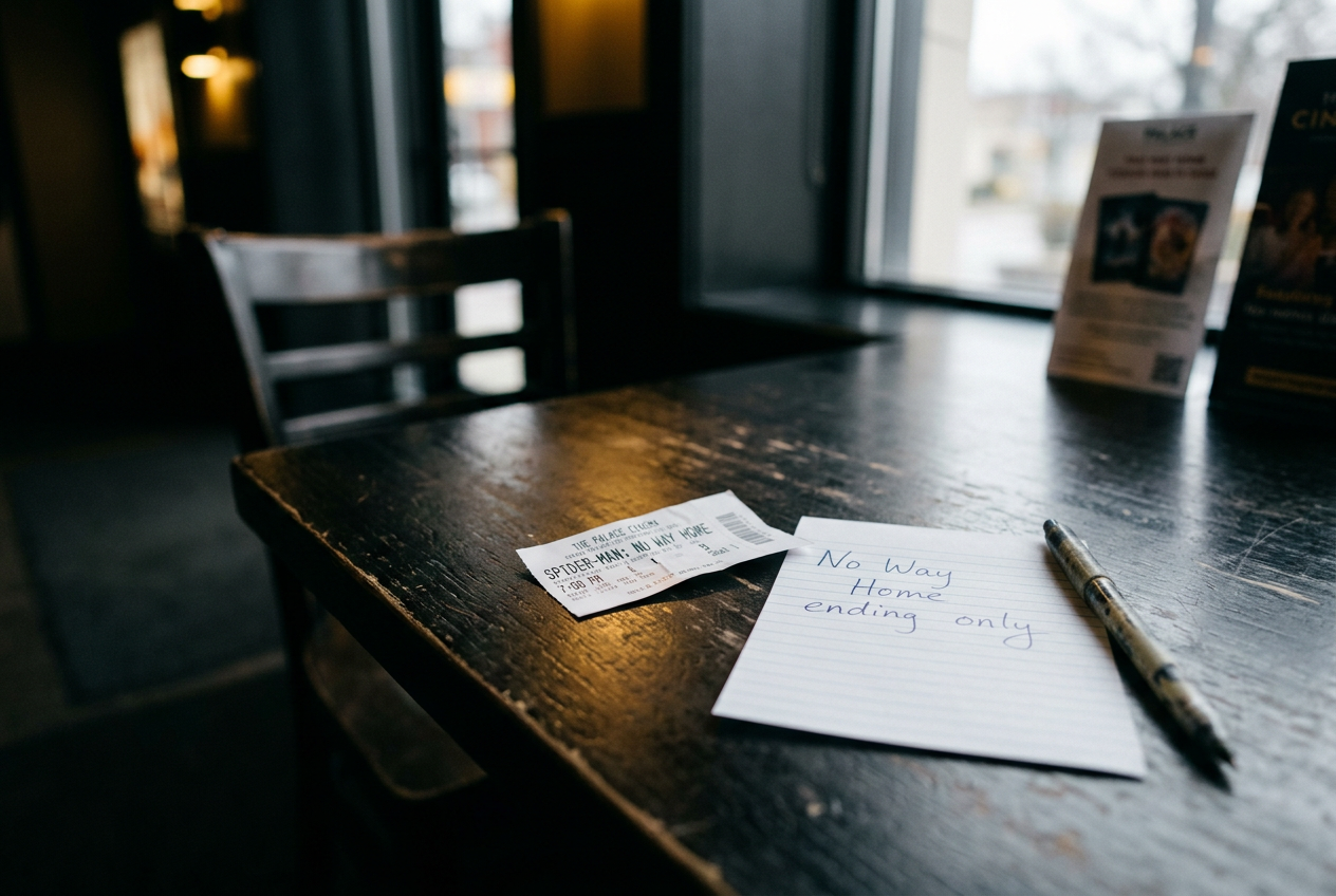 An empty cinema lobby table with a ticket and a handwritten note reading “No Way Home ending only.”