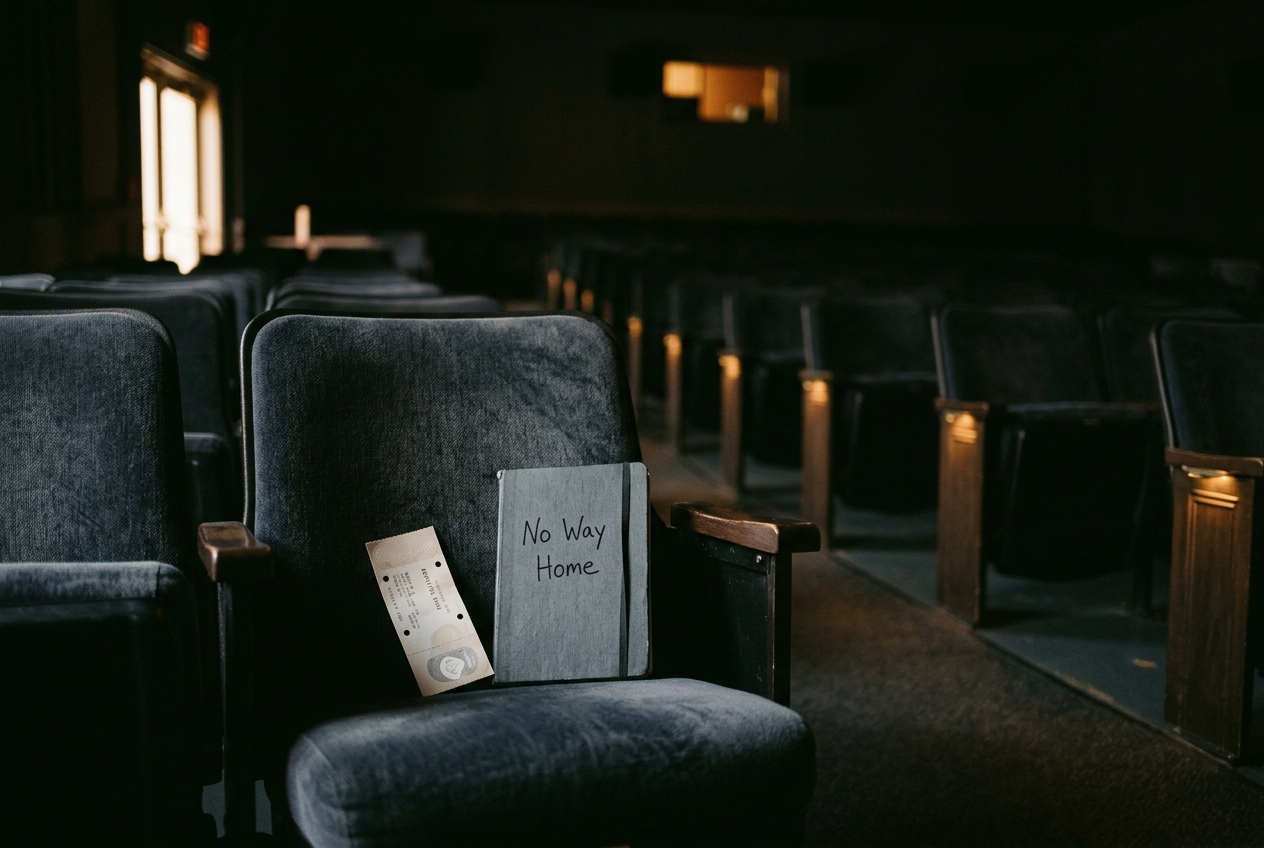 An empty premium-format auditorium with a ticket and a No Way Home rewatch note resting on one seat.