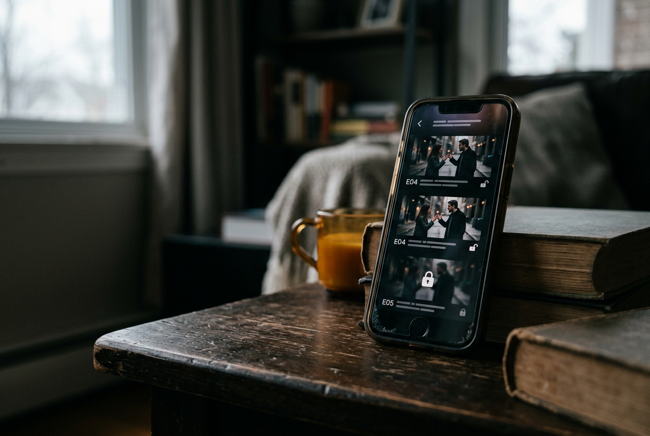 A phone showing a ShortMax episode list with an unlocked chapter beside a locked one.