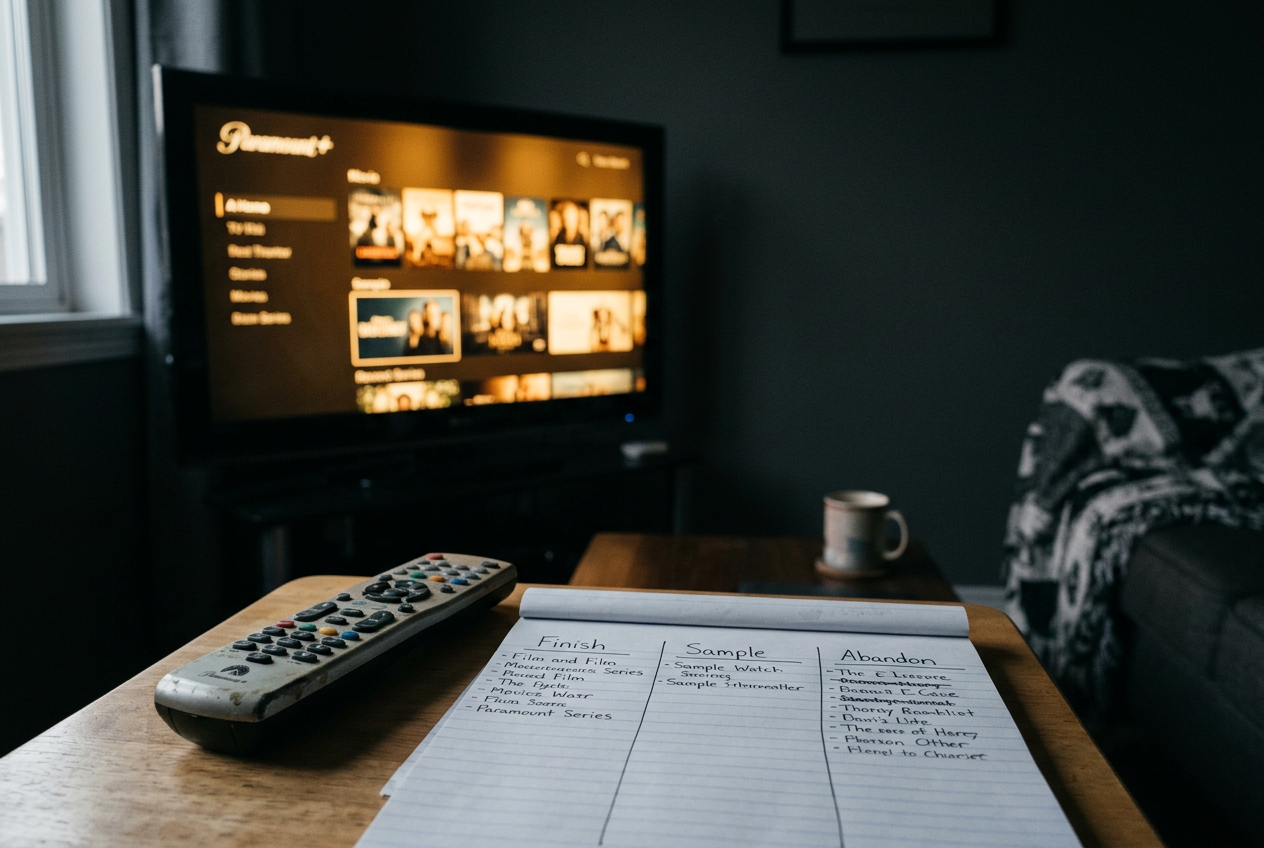 A television displaying the Paramount+ series menu beside a remote and a handwritten final-month watchlist.