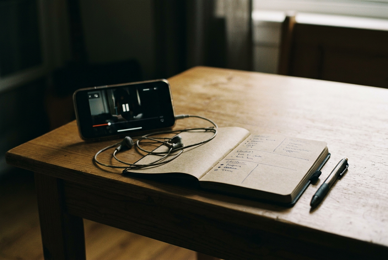 A phone showing a padlocked CandyJar episode beside a notebook recording the coin price and membership wording.