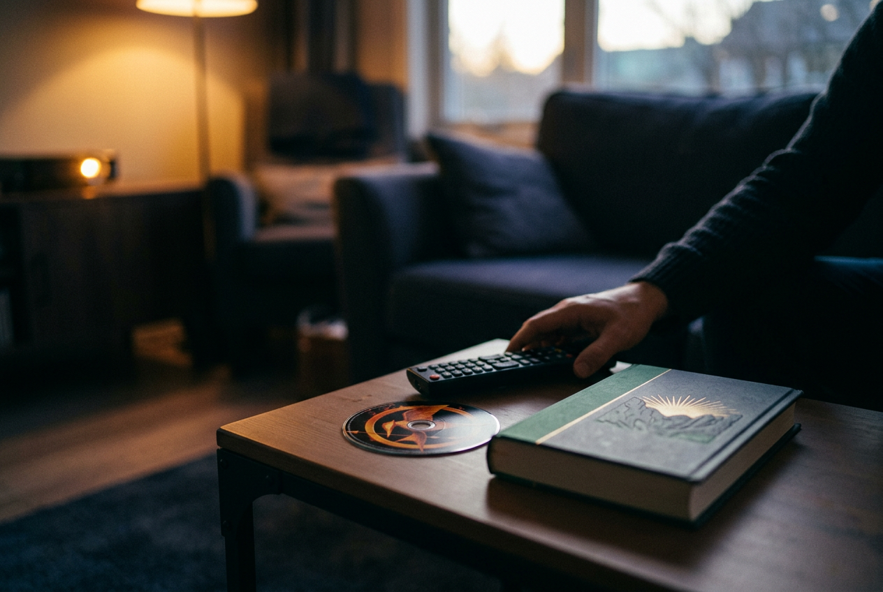 A remote beside a Catching Fire disc and a closed copy of Sunrise on the Reaping.