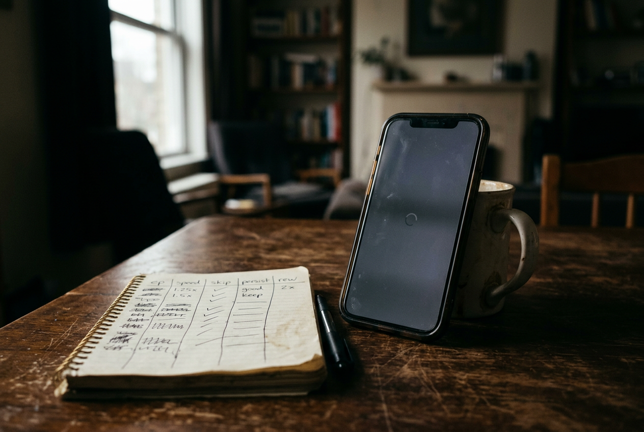 A phone showing a vertical drama playback menu beside a notebook tracking speed, captions and recap controls.