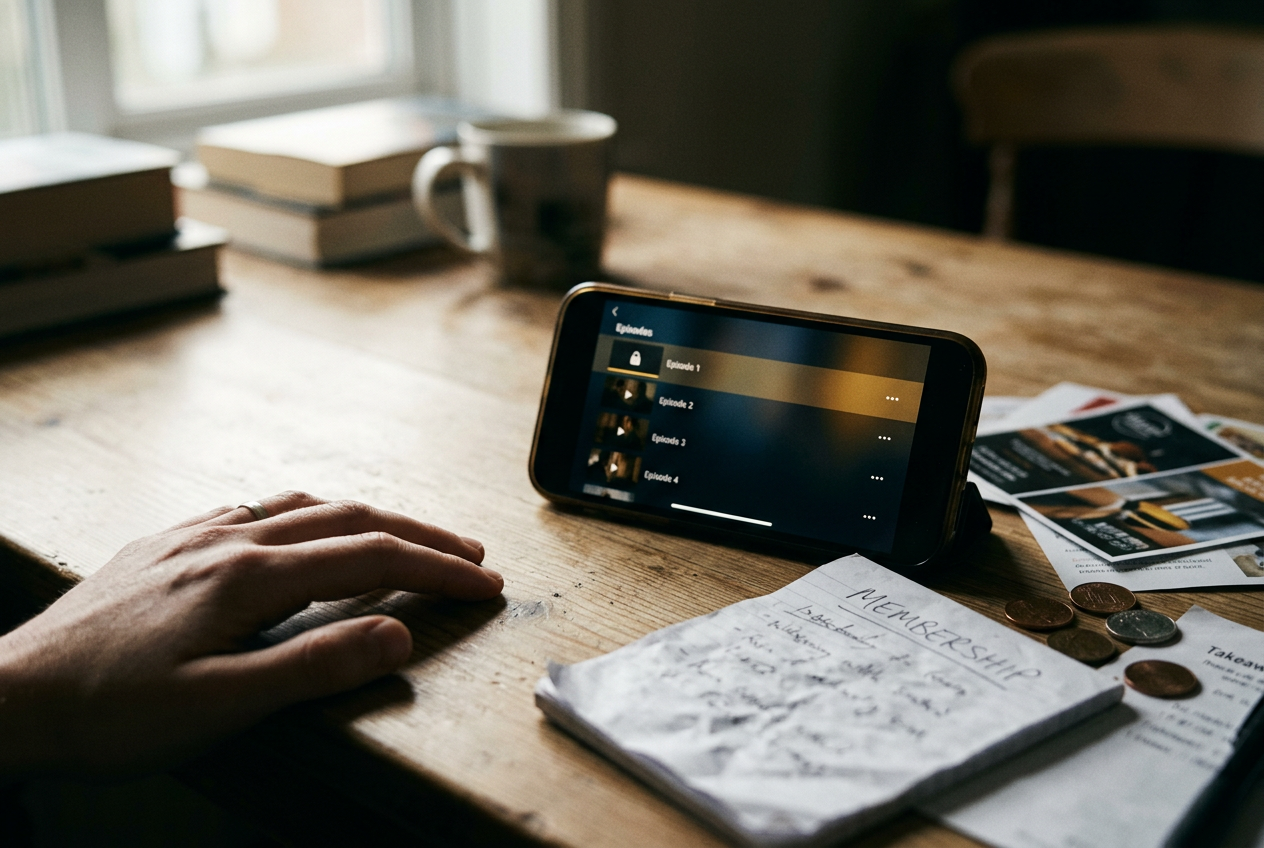 A phone displays a ReelShort episode list stopped at the first padlock beside a handwritten access note.