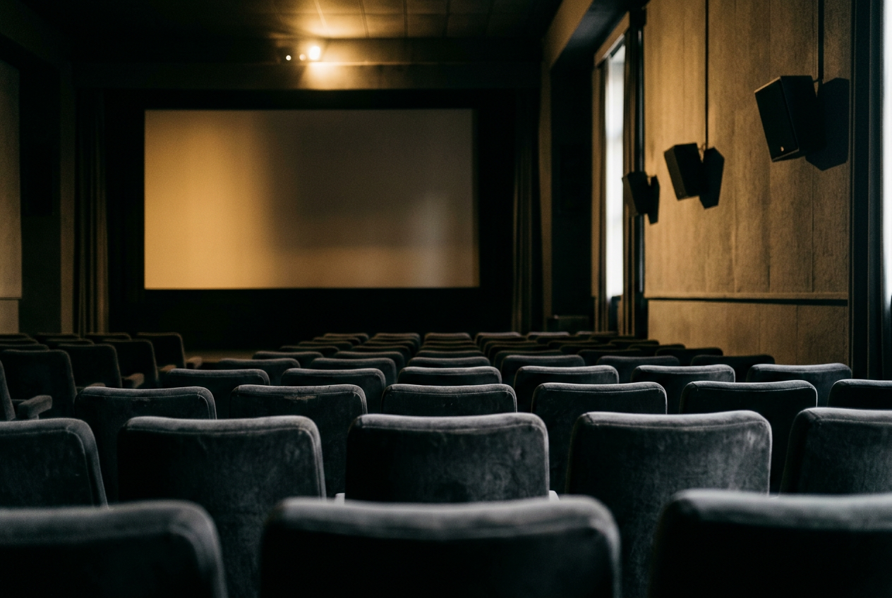 An empty premium cinema auditorium with a bright screen, centered seats and visible wall speakers.