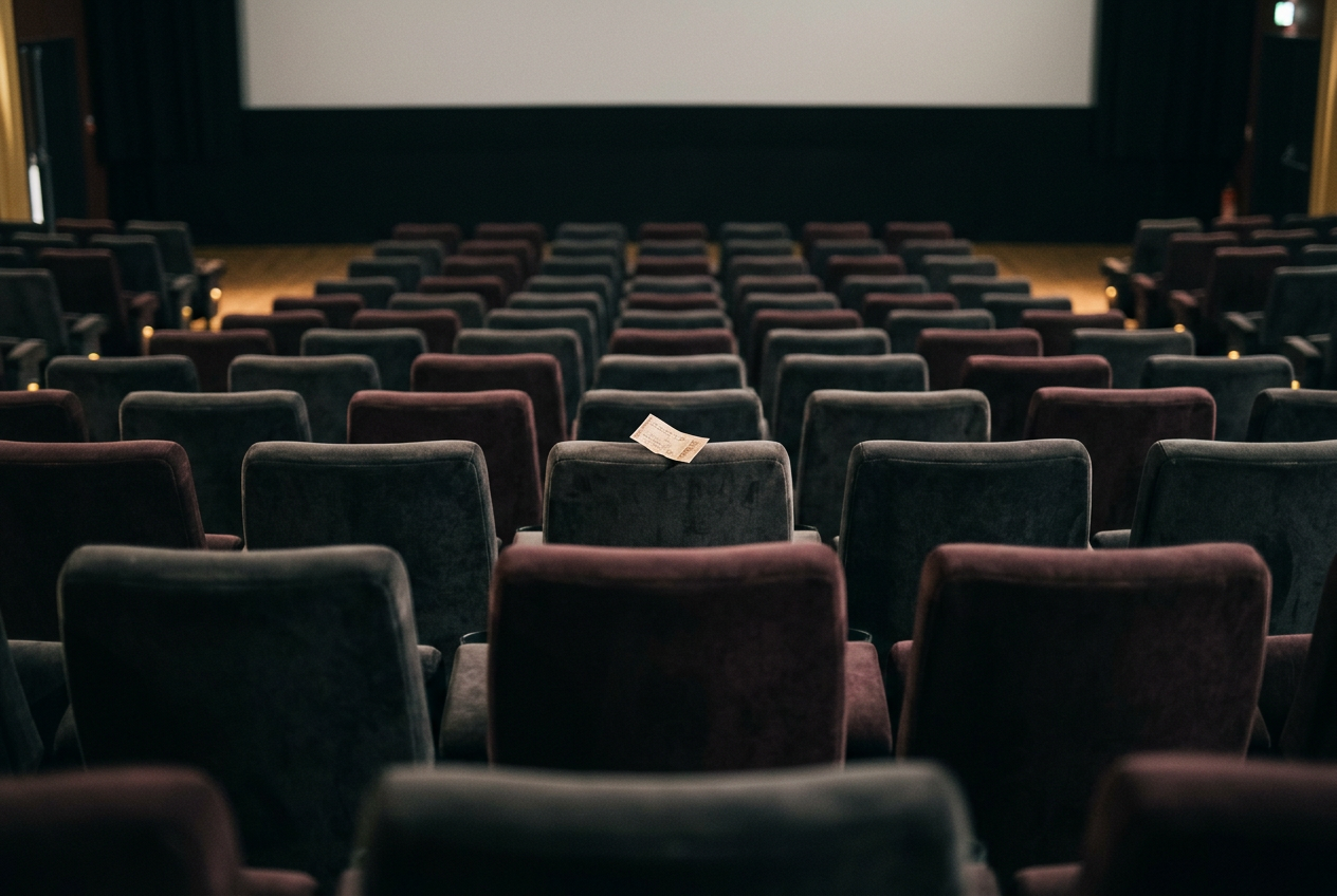 An empty movie auditorium with a premium-format ticket stub resting on the arm of a central seat.