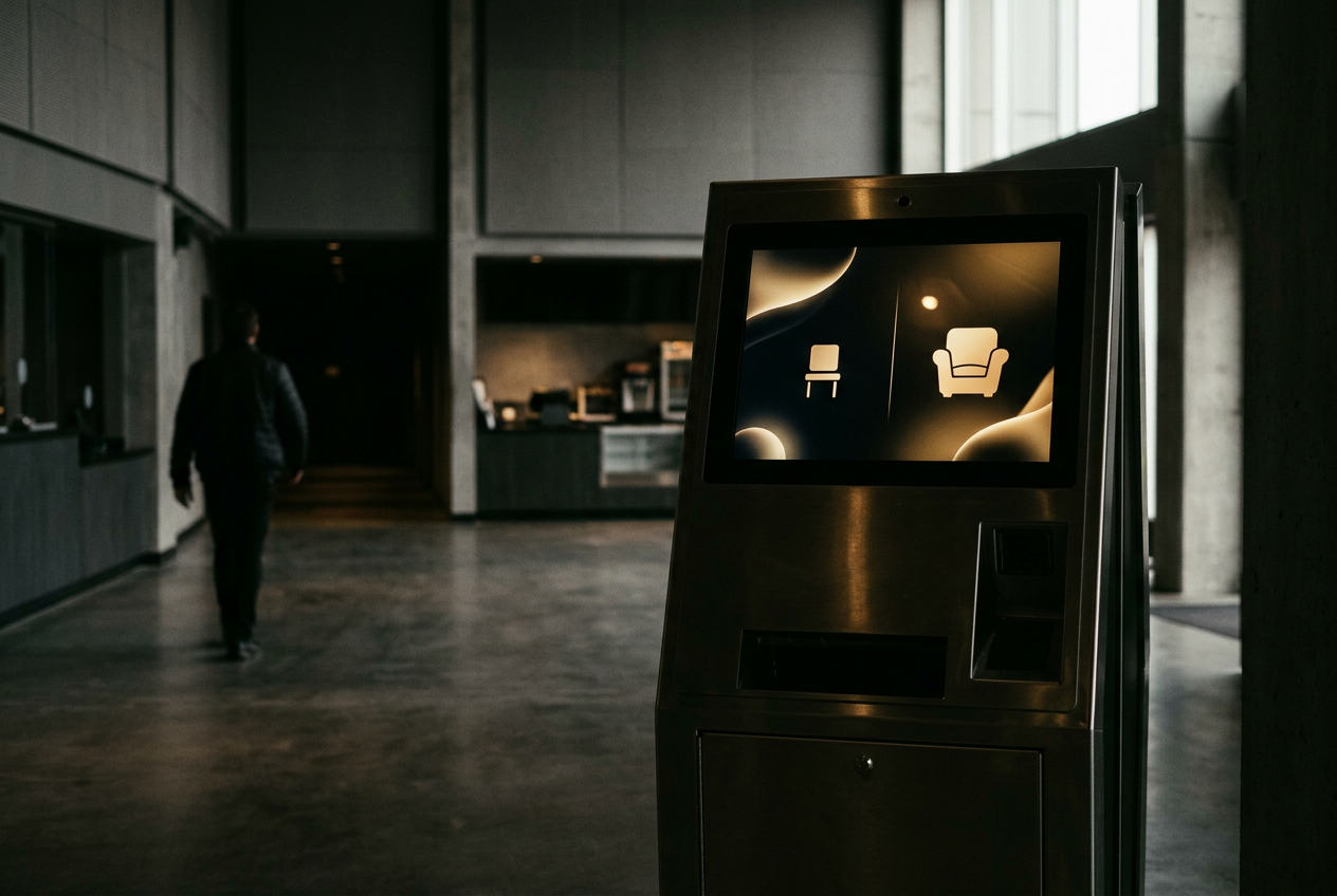 A theater ticket kiosk displaying standard and premium auditorium choices for a new comic-book horror release.