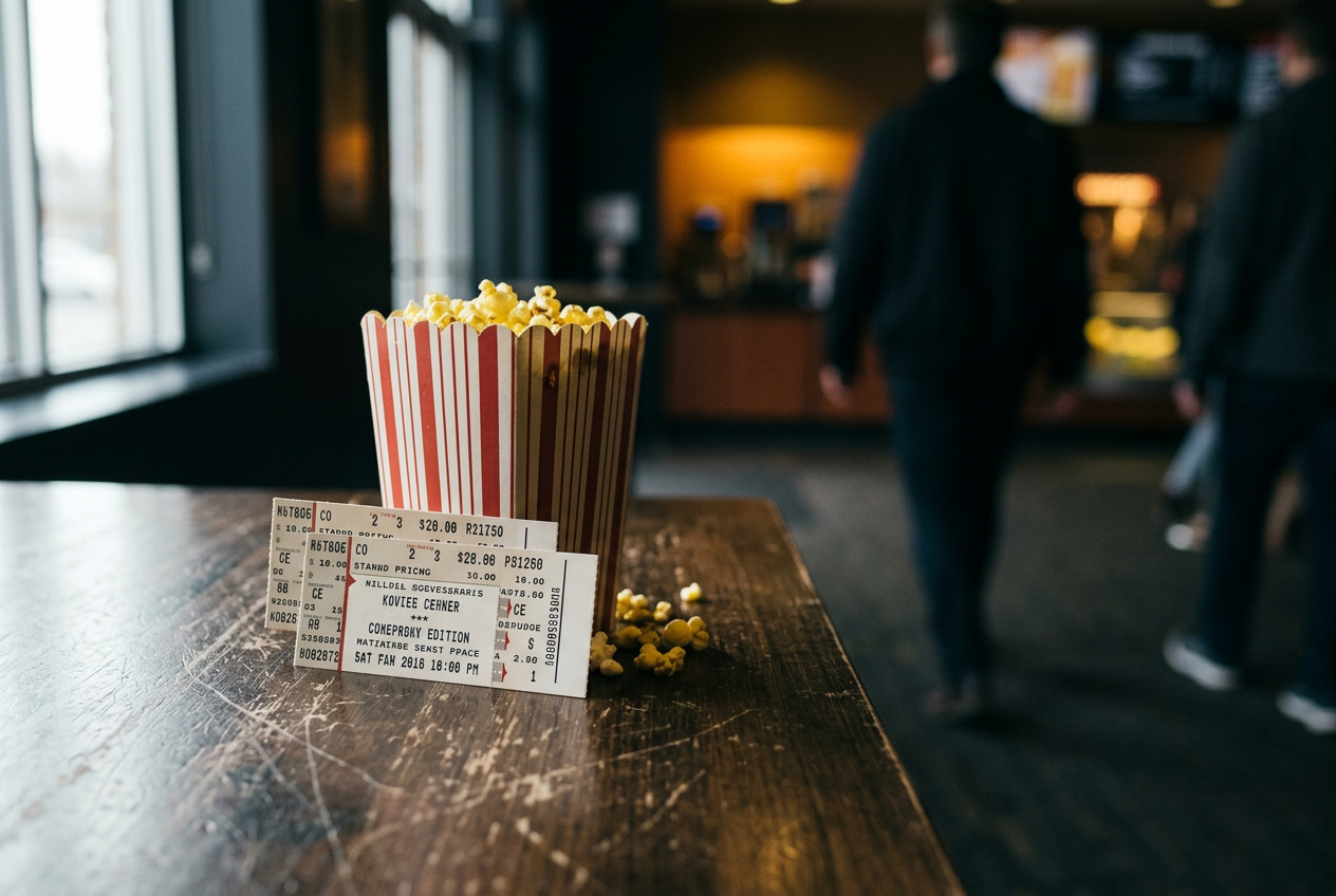 Two standard movie tickets beside a popcorn carton on a cinema lobby table.