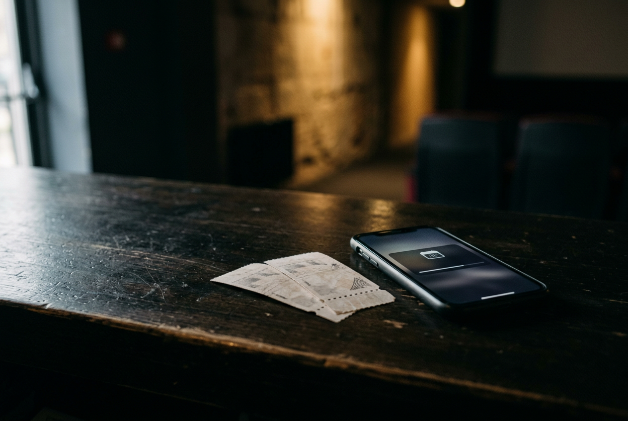 Paper movie tickets on a cinema counter beside a phone set with a reminder to watch at home later.