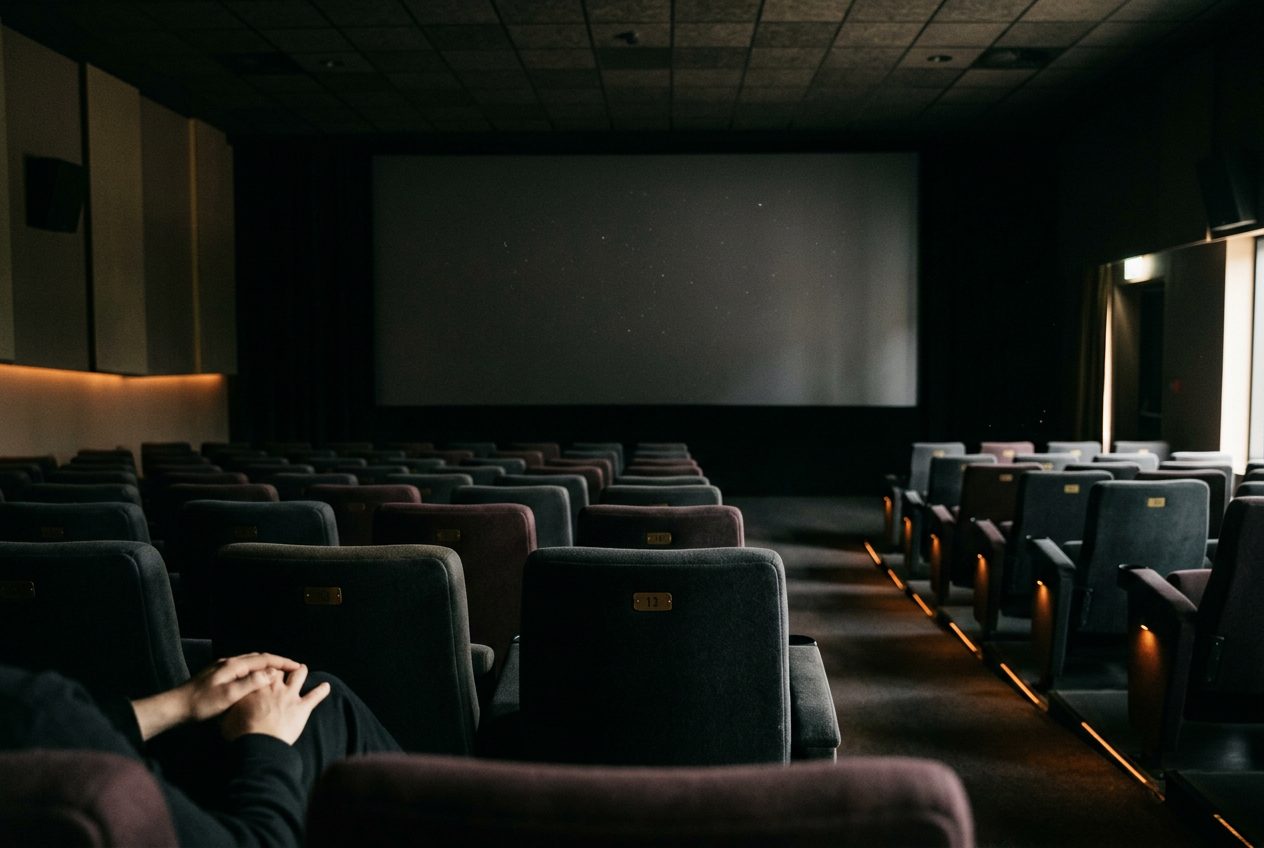 An empty movie auditorium with a wide screen viewed from centered seats several rows back.