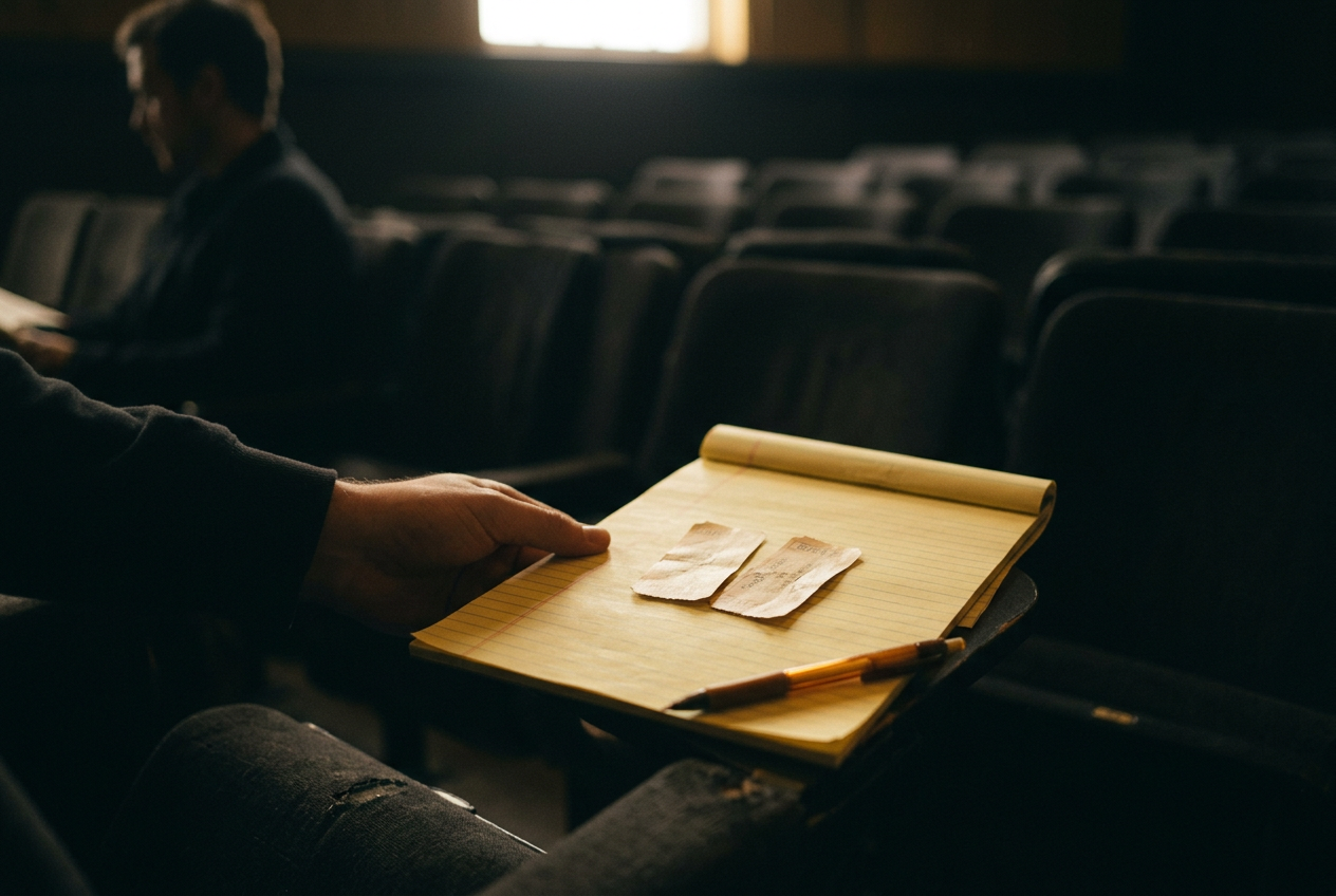 Two movie tickets beside a yellow legal pad on an empty theater seat.