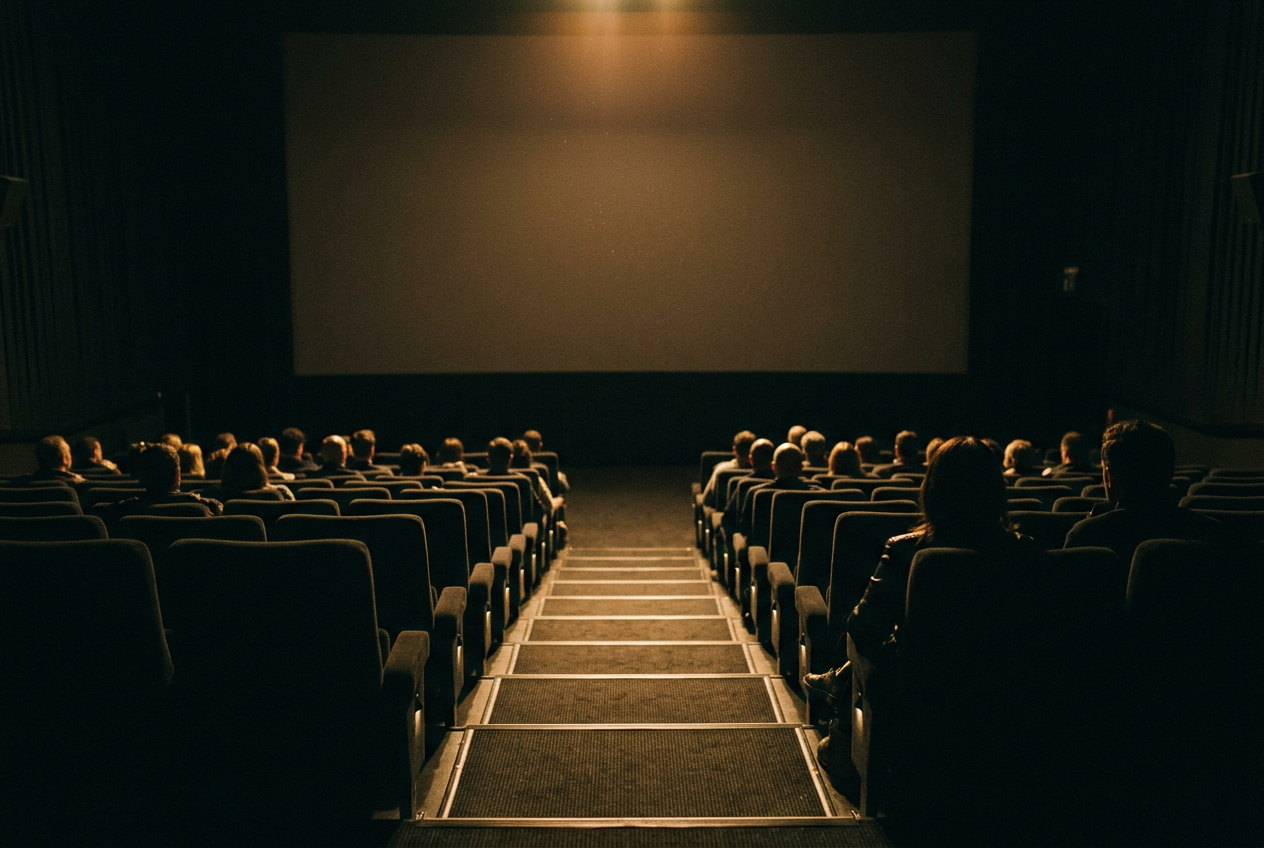 A standard movie auditorium with a wide blank screen and several occupied seats before a screening.