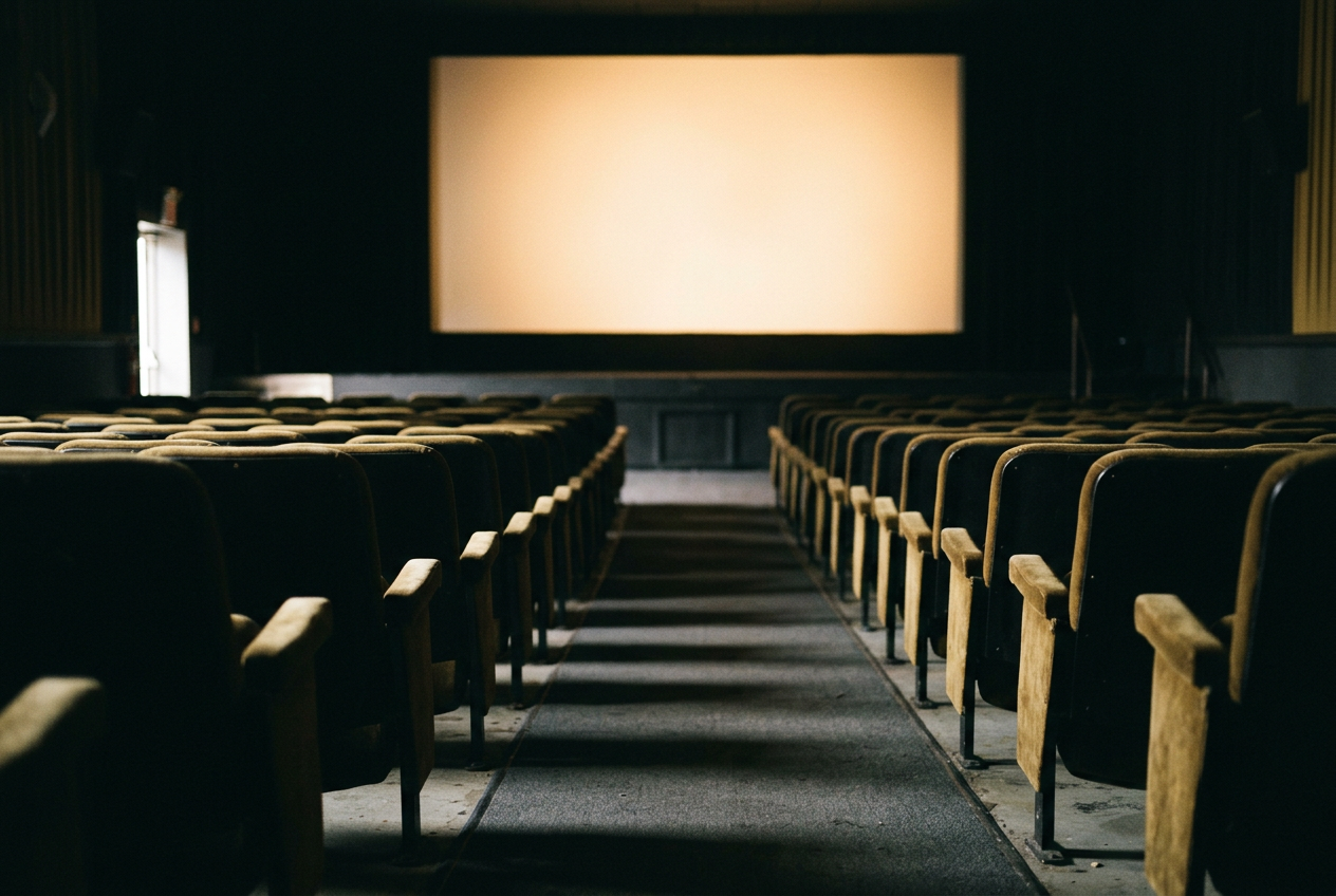 An empty standard cinema auditorium viewed from a centered seat, with a bright blank screen and clear sightlines.