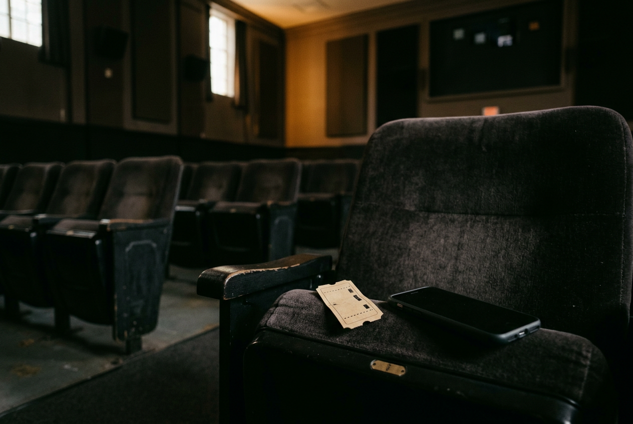 An empty standard movie auditorium viewed from the middle rows, with a paper ticket resting on an armrest.