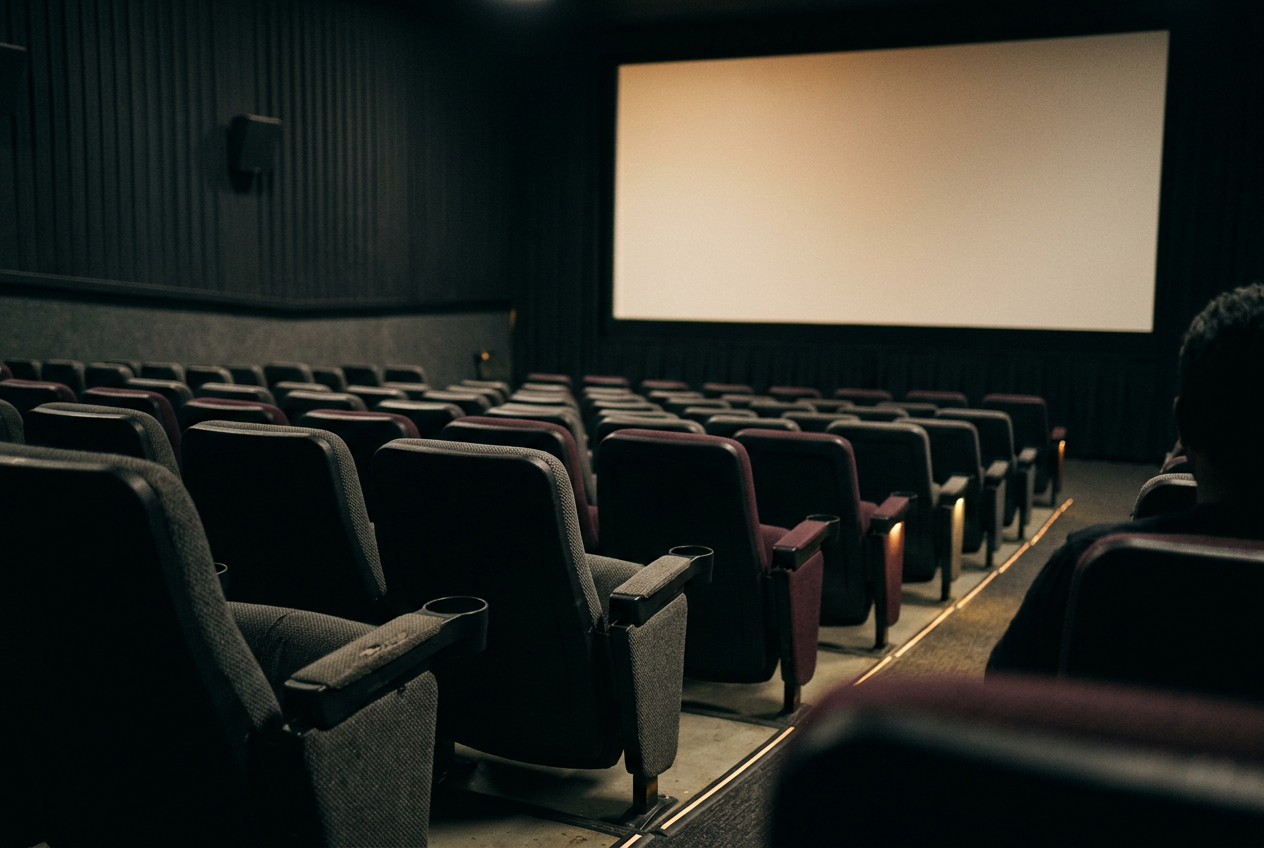 An empty cinema auditorium viewed from the back row, with a standard screen and rows of unoccupied seats.