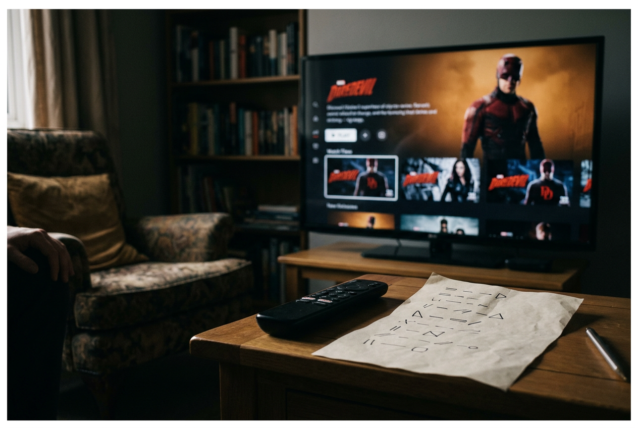 A television paused on the Daredevil collection page beside a remote and a handwritten viewing order.