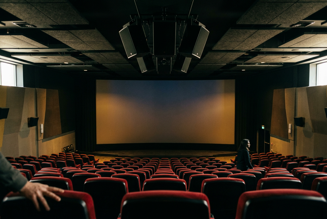 An empty premium-format auditorium with a tall screen, centered seats and ceiling speakers visible.