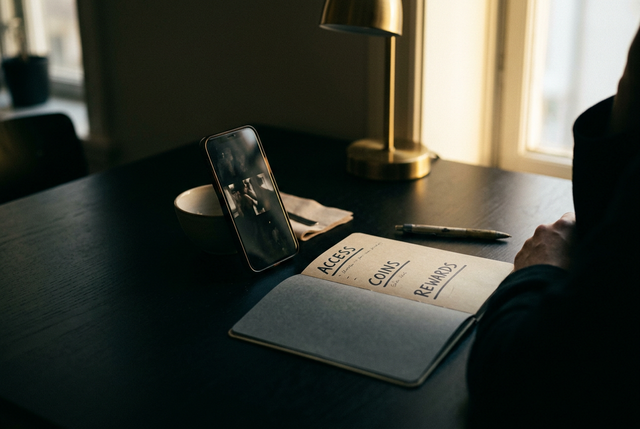 A phone showing a locked vertical episode beside a notebook labeled access, coins and rewards.